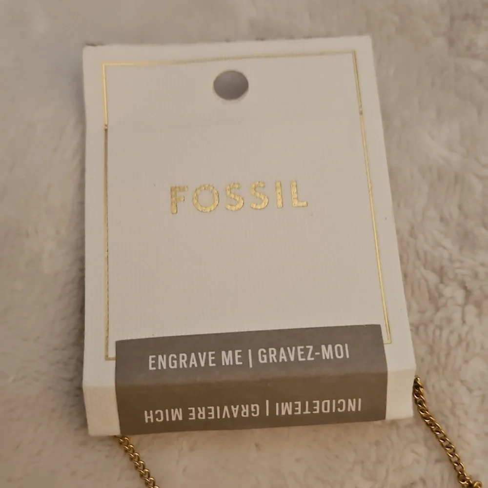 Vtg FOSSIL Unisex Engravable Black Enamel Hexagon Tag Stainless Steel Necklace